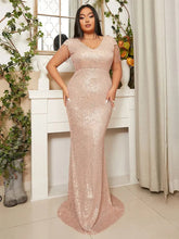 V Neck Cap Sleeve Sequin Floor Length Gold Evening Dress